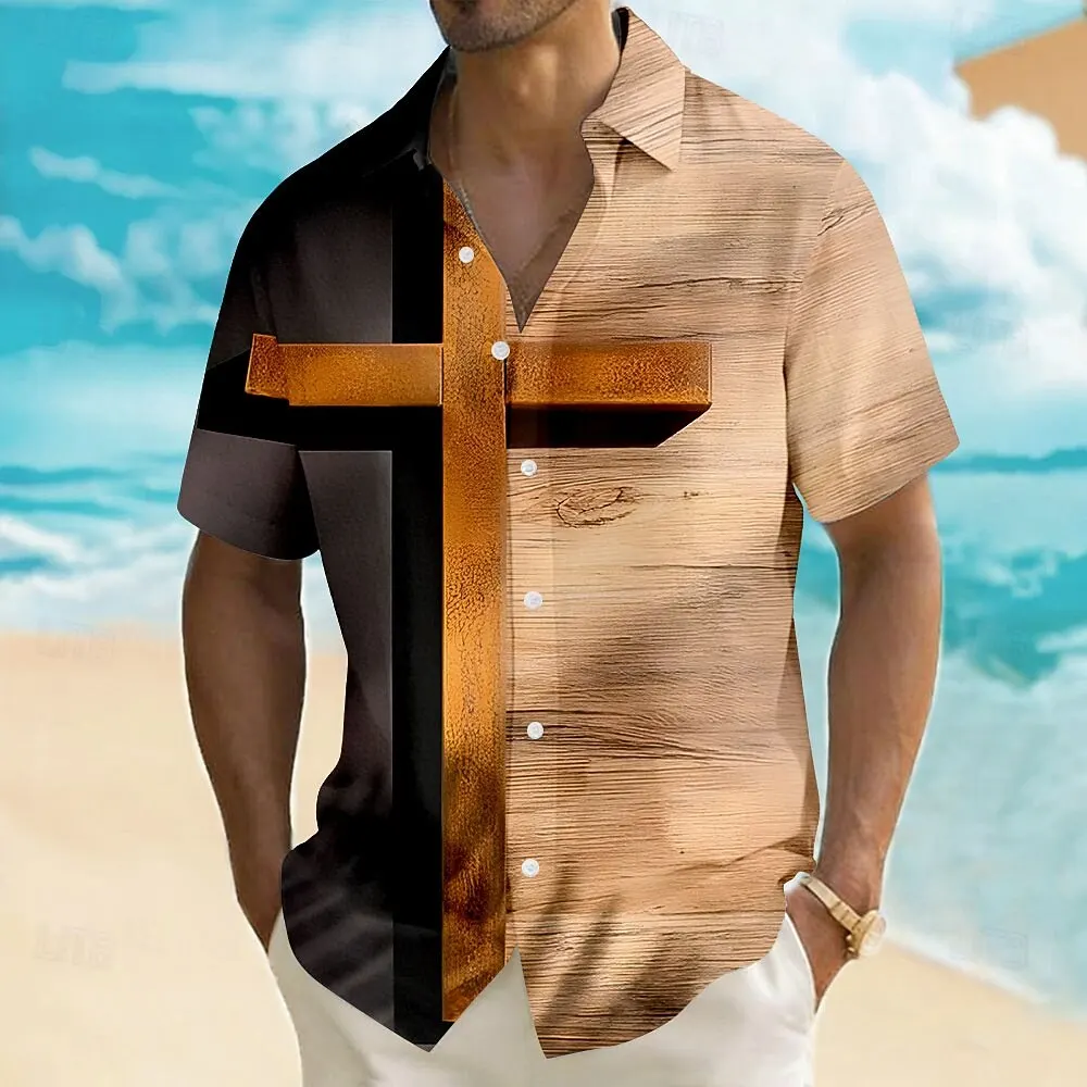 

Men's Bible Cross Religious 3D Print Shirt, Vintage Short Sleeve Button Up Turndown Collar Casual Tops for Spring & Summer