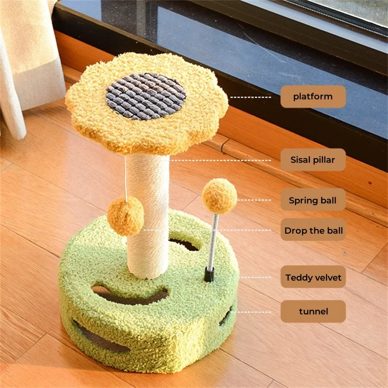 Cute Flower Shape Pet Cats Toy Solid Turntable Funny Cat Stick Balls Durable Sisal Scratching Board Posts Supplies Grab Column