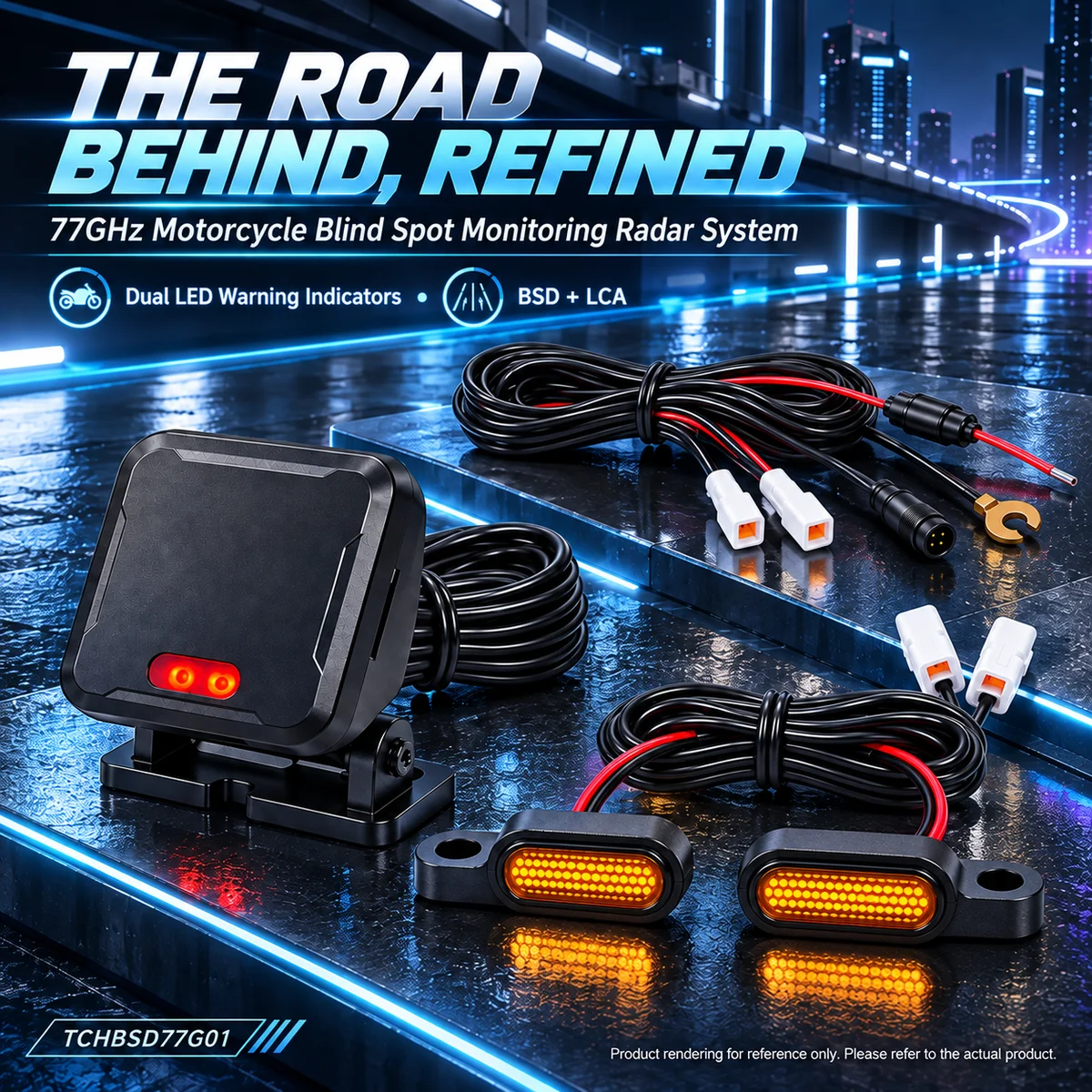 77GHz Motorcycle Blind Spot Monitoring Radar System with Dual LED Warning Indicators, BSD LCA Rear Detection Up to 70m