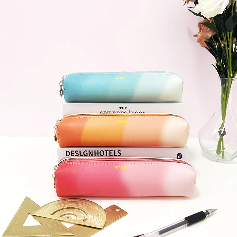 Student Lovely Colorful Pen Pouch Custom Letters Luxury Business Office Pen Bag Travel Wholesale PU Leather Woman Cosmetic Bag