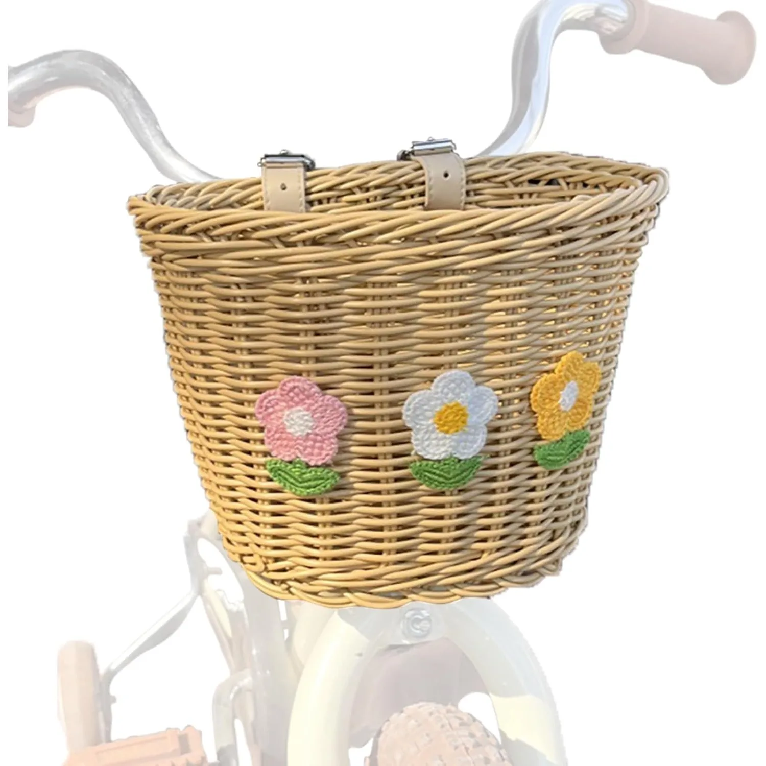 

Kids Bike Basket Wicker Front Bicycle Bike Baskets for Girls Handmade Floral Woven Wicker Bike Basket with Adjustable Straps