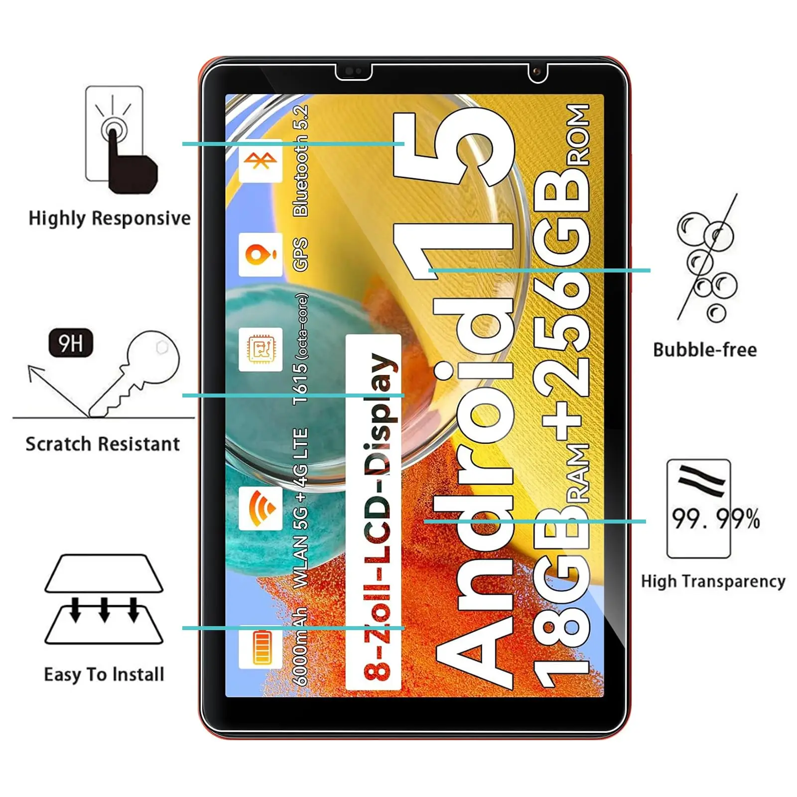 Screen Protector for Blackview Zeno 1 (8 Inch) Glass 9H Hardness Anti-Scratch HD Clear 2.5D Radian Edge Tempered Protective Film