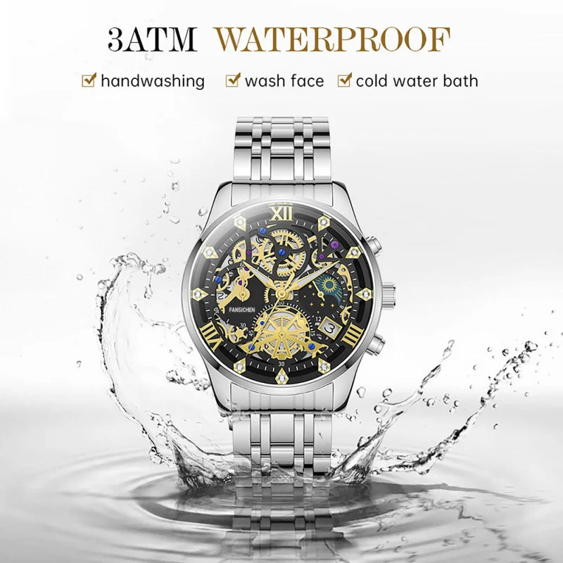 Men's Watch Calendar Hollow Quartz Watch Stainless Steel Multi-Functional Six-Pin Waterproof Business Watch