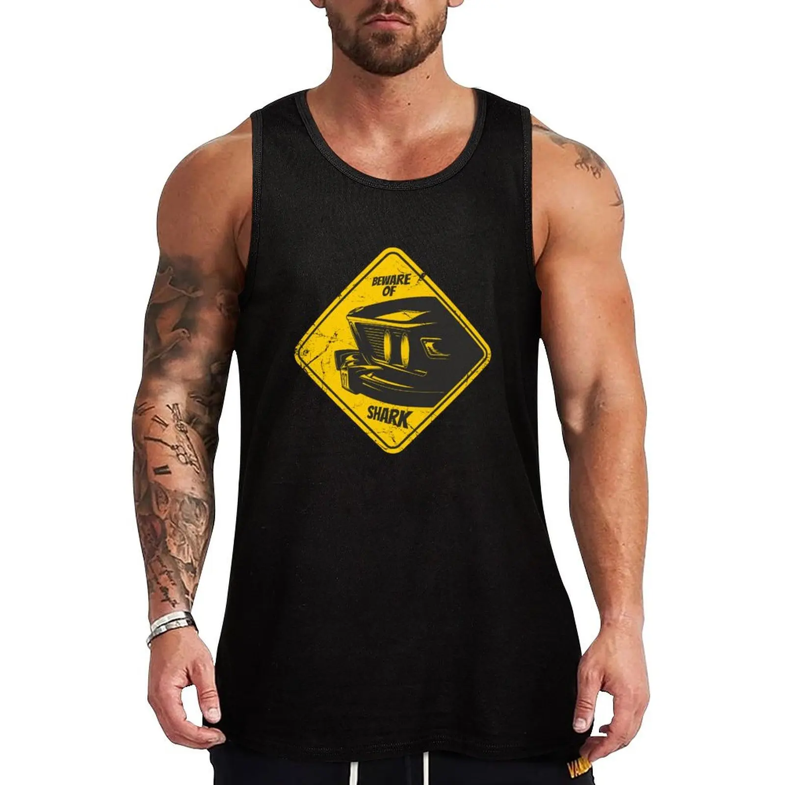 Beware of shark sign with a car. Tank Top Anti Shrink Tank Top Durable Casual Sleeveless Shirt