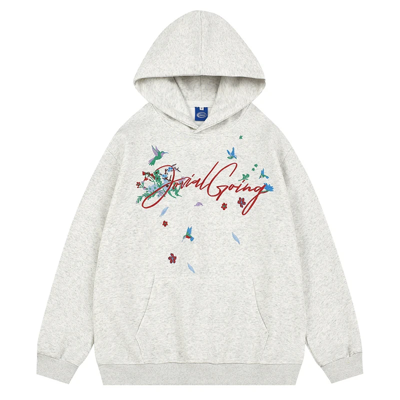 

Осенние мужские пуловеры с капюшоном в стиле хип-хоп, спортивный костюм с цветочной вышивкой птиц, 2025 г., уличная одежда, Harajuku, повседневные модные толстовки с капюшоном