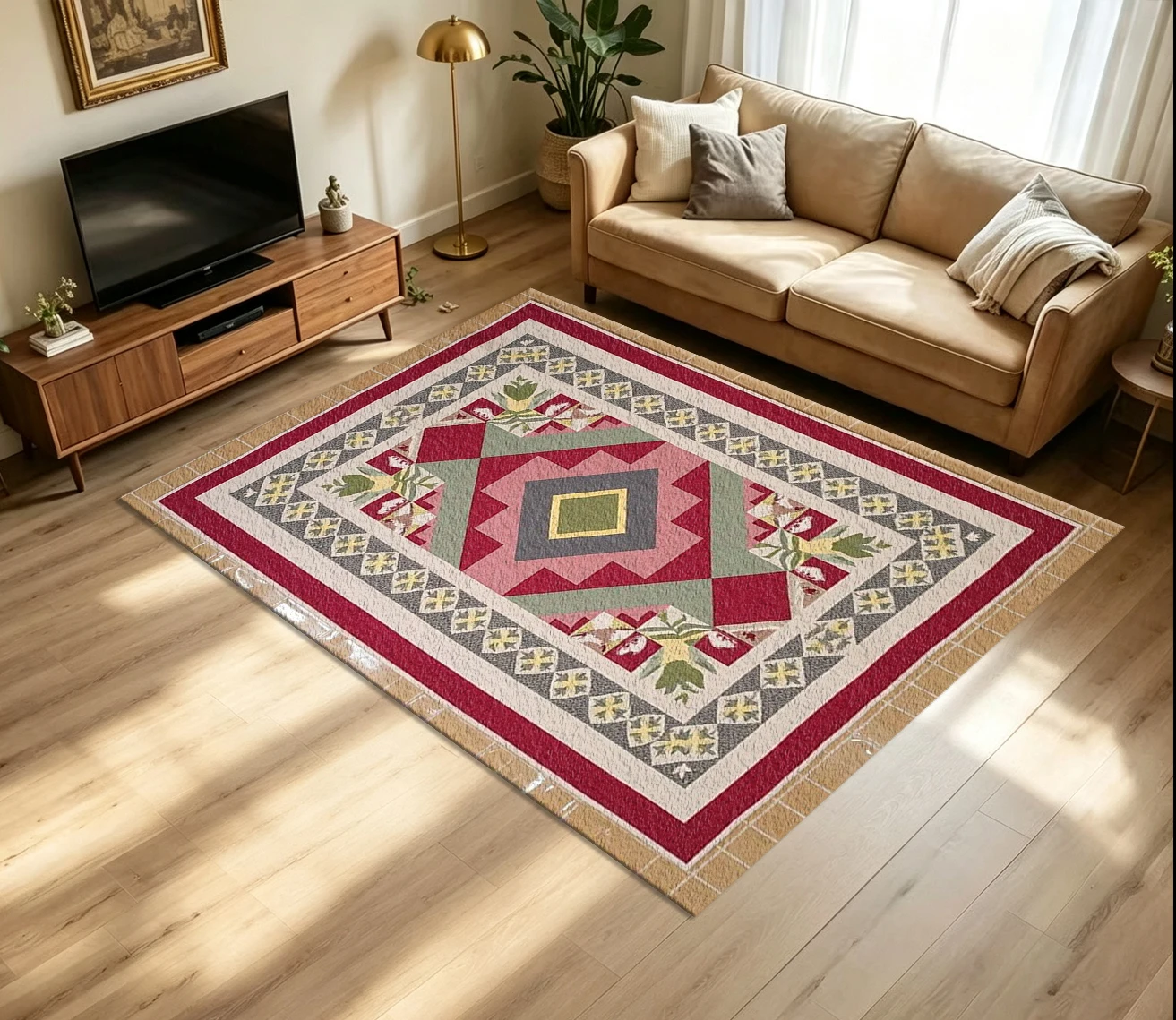 Vintage Patchwork Diamond Geometric Carpet Flooring Bohemian Color Block Border Printed Floor Rug for Household Living Space Home Ornament