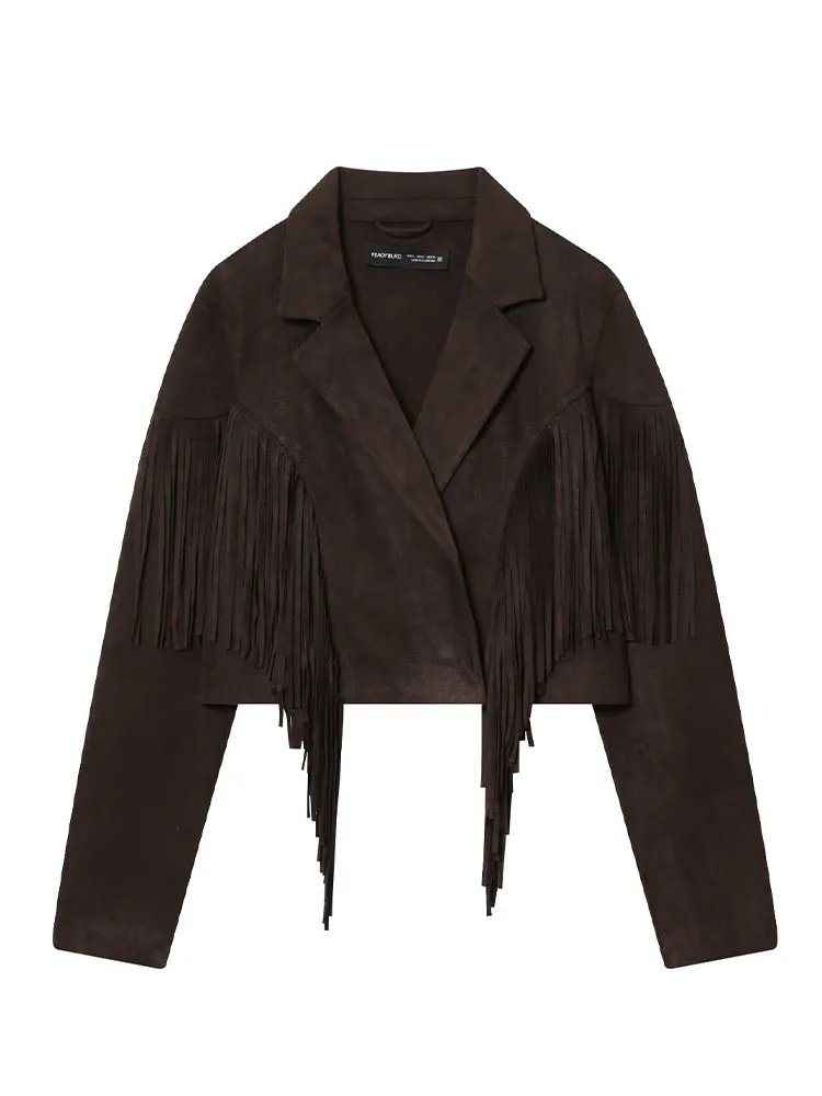 HH Cappotti con colletto rovesciato alla moda da donna Maniche lunghe solide Decorazione con nappe Giacche corte stile streetwear autunnale femminile