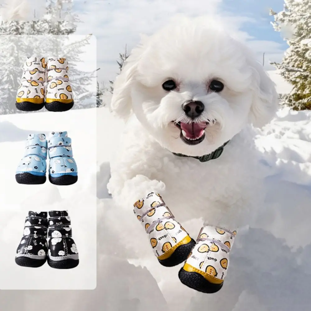 4pcs/set Cartoon Warm Dog Shoes Waterproof Plush Dog Rain Snow Boots Adjustable Soft Anti-slip Puppy Footwear Winter