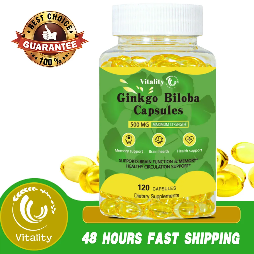 Vitality Natural Herbal Roots Ginkgo Biloba Made with Pure Organic Ginkgo Leaf - 500mg per Serving,30/60/120 Vegan Capsules