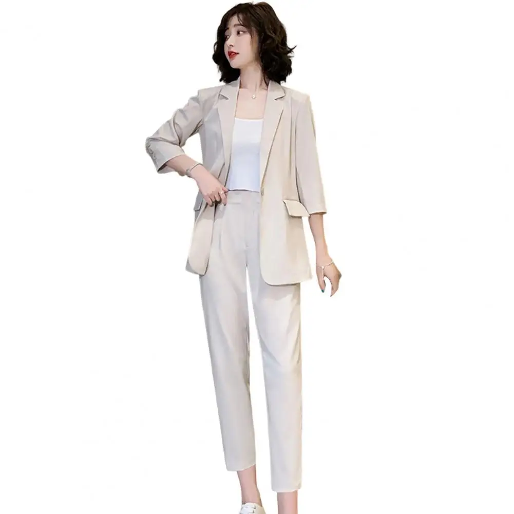 1 Set Women Blazer Pants Set 3/4 Sleeves Solid Color Lady Top Trousers 2 Piece Set Blazer Office Suit