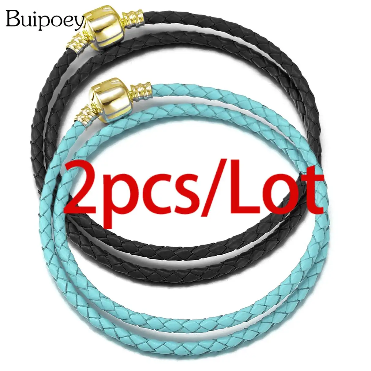 Buipoey 2pcs Golden Buckle 2 Circle Woven Genuine Leather Bracelets Fit Couple Friendship Bracelet Handmade Beaded Bangle