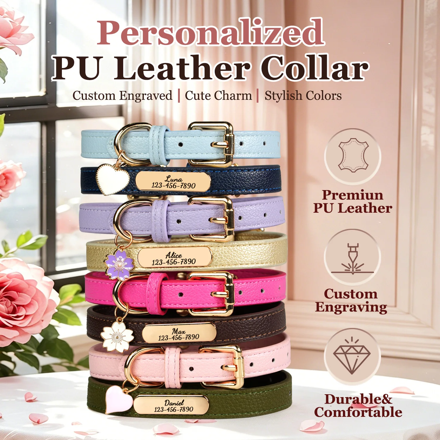 Luxury & Soft Leather Personalized Dog Collar and Pendant Pet Puppy Cat ID Nameplate Engraved for Small Medium Dogs