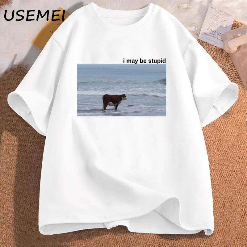 I May Be Stupid Cow on Beach Funny Meme T Shirt Cotton Short Sleeve Men's Fashion O-Neck T-shirt Casual Cozy Cotton T Shirts