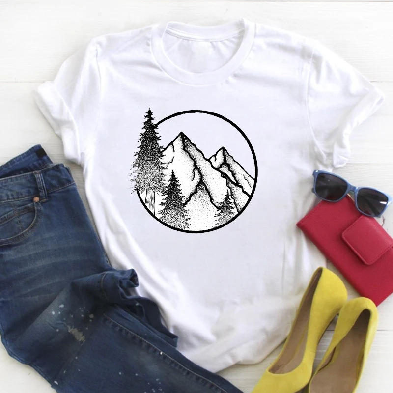 Women Mountain Forest Camping Print Short Sleeve Ladies Summer T Tee  Nice Top Shirt Pretty Tshirt Womens Graphic T-shirt