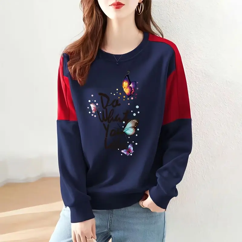 Women\'s Contrasting Colors Printing Letter Sweatshirts Classic Long Sleeve Loose O-Collar Casual All-Match Bottoming Shirt