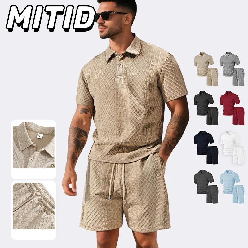 

New Arrival Summer Polo Sets Men Jacquard Fabric Casual Loose Sports Sets Short Sleeve Polo Shirt and Knee Length Short Men