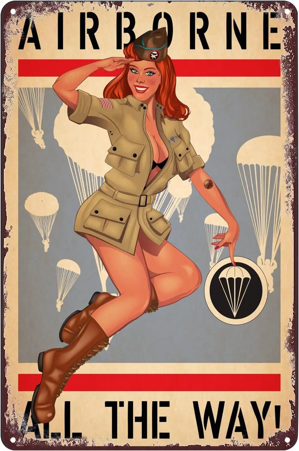 Pinup Girl Airborne Paratroopers Metal Poster Sexy Woman Tin Sign Wall Art Decor Plaque for Home Bar Club Living Room Bedro sign