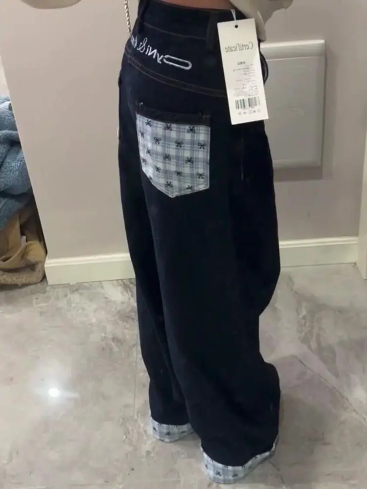 

Retro American Knot Plaid Denim Pants High Waist Loose Splicing Cuffed Wide Leg Long Trousers for Women Autumn