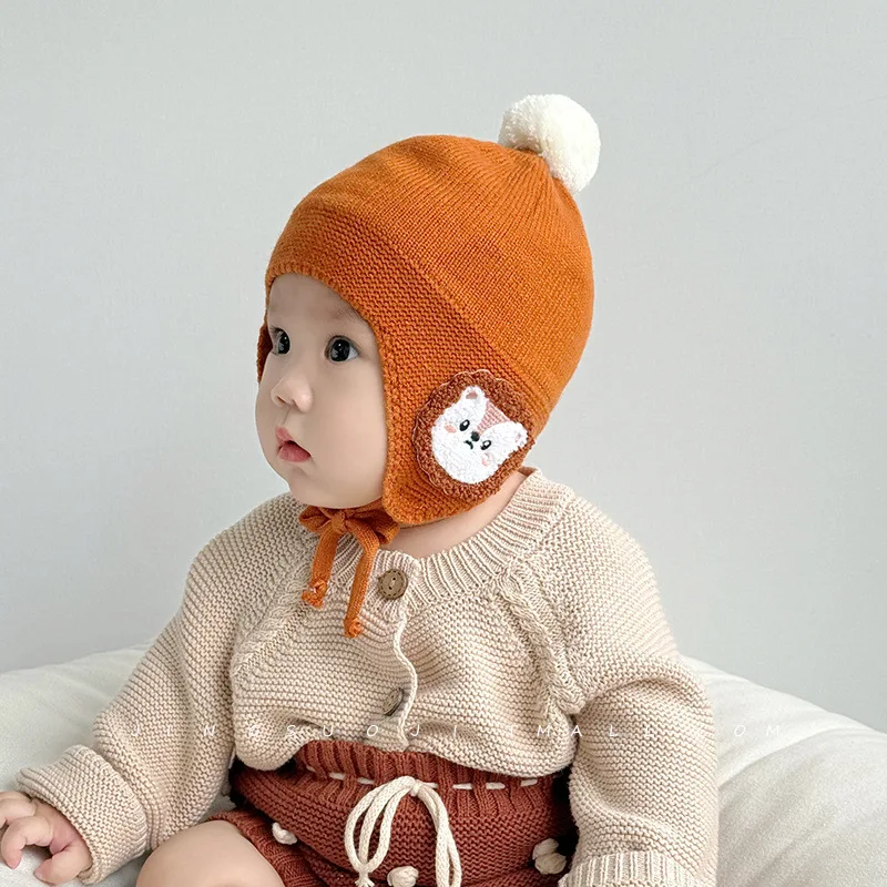 Gorro de bebé para otoño e invierno, gorro de punto cálido con dibujos animados para bebé, gorro grueso con protección para los oídos, gorro de lana para bebé de pequeña edad