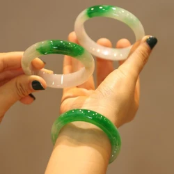 Natural Jade Color Hand Carved Wide Jade Bracelet Fashion Boutique Jewelry For Men Women's Green Flat Gift