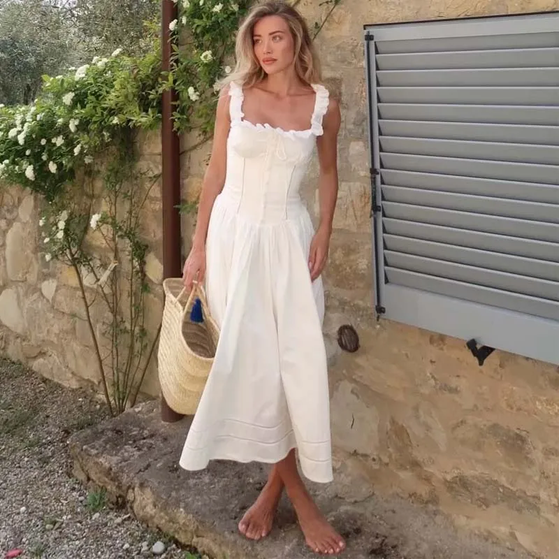 YENKYE Sommer 2026 Damen Weißes Korsett-Midikleid mit eckigem Ausschnitt, Spitzenbesatz, ärmellos, A-Linie, elegantes Urlaubskleid, Party-Sommerkleid aus Baumwolle