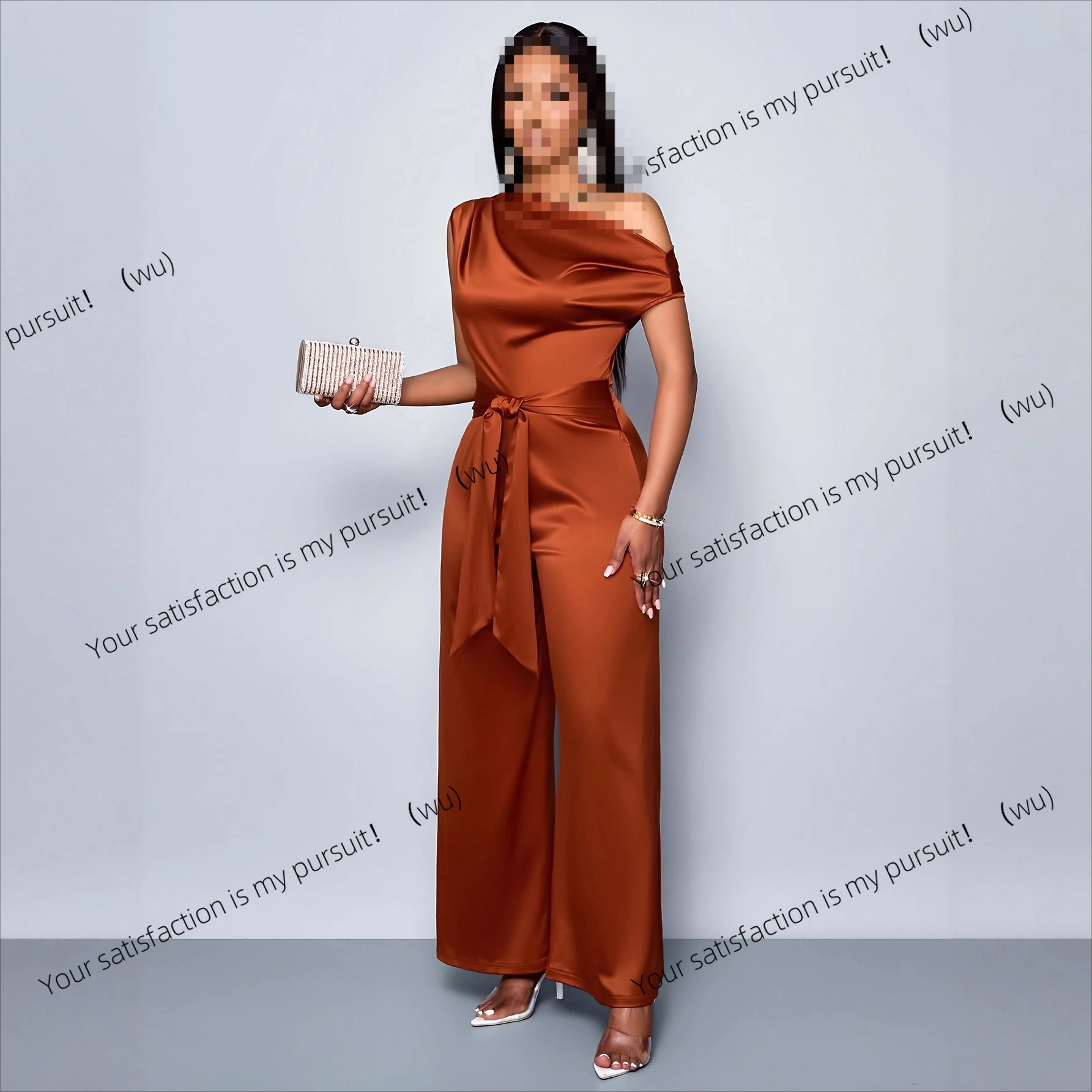 

Solid color fashion slim-fitting diagonal neck women's waist jumpsuit dress