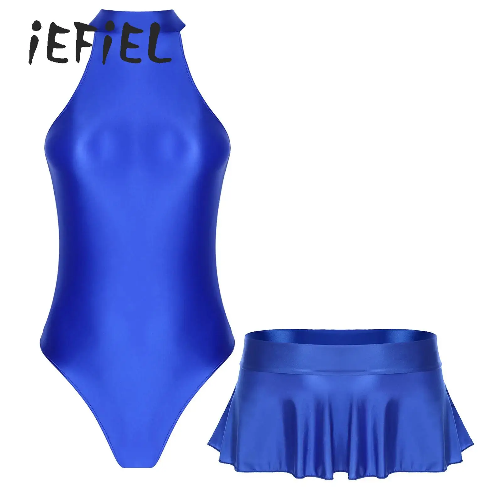 Women Glossy Bodysuit Swimsuit Set Elastic Sleeveless High Cut Leotard with Ruffled Mini Skirt Swimming Bathing Suit Swimwe﻿ar