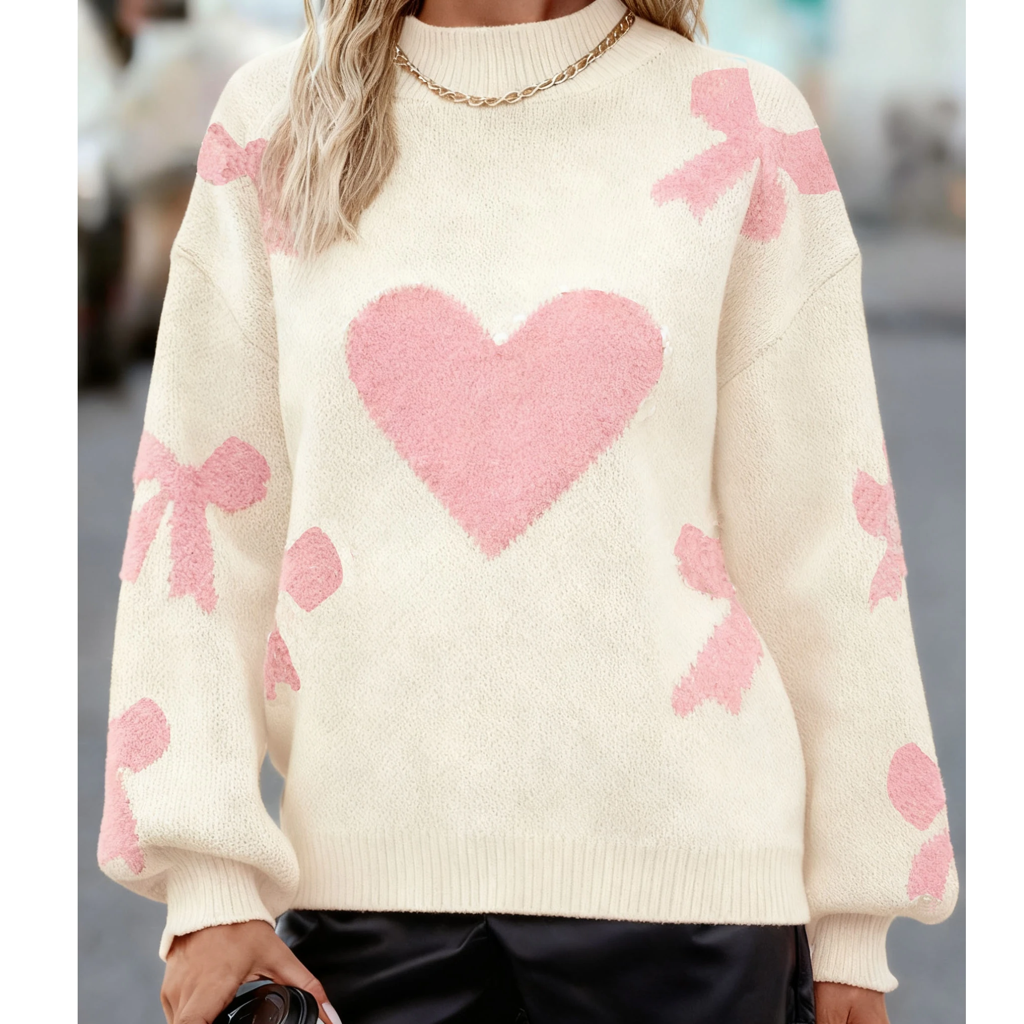 เสื้อไหมพรมคุณภาพพรีเมียมสำหรับผู้หญิง วันวาเลนไทน์ แขนยาว คอเต่า แต่งโบว์ลายหัวใจ ผ้าถักลายแจ็คการ์ด