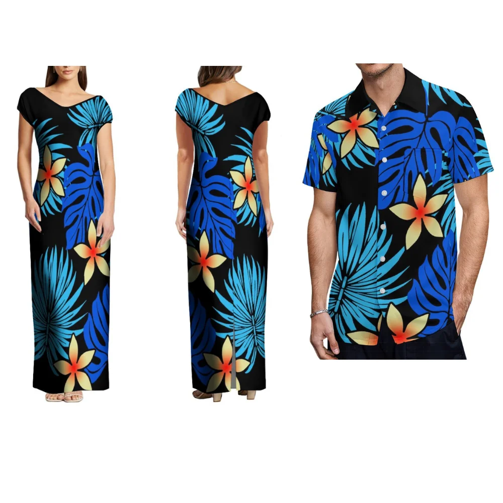 Conjuntos de casais samoanos com estampas florais polinésias, ilha tribal, vestidos femininos e camisas formais havaianas masculinas