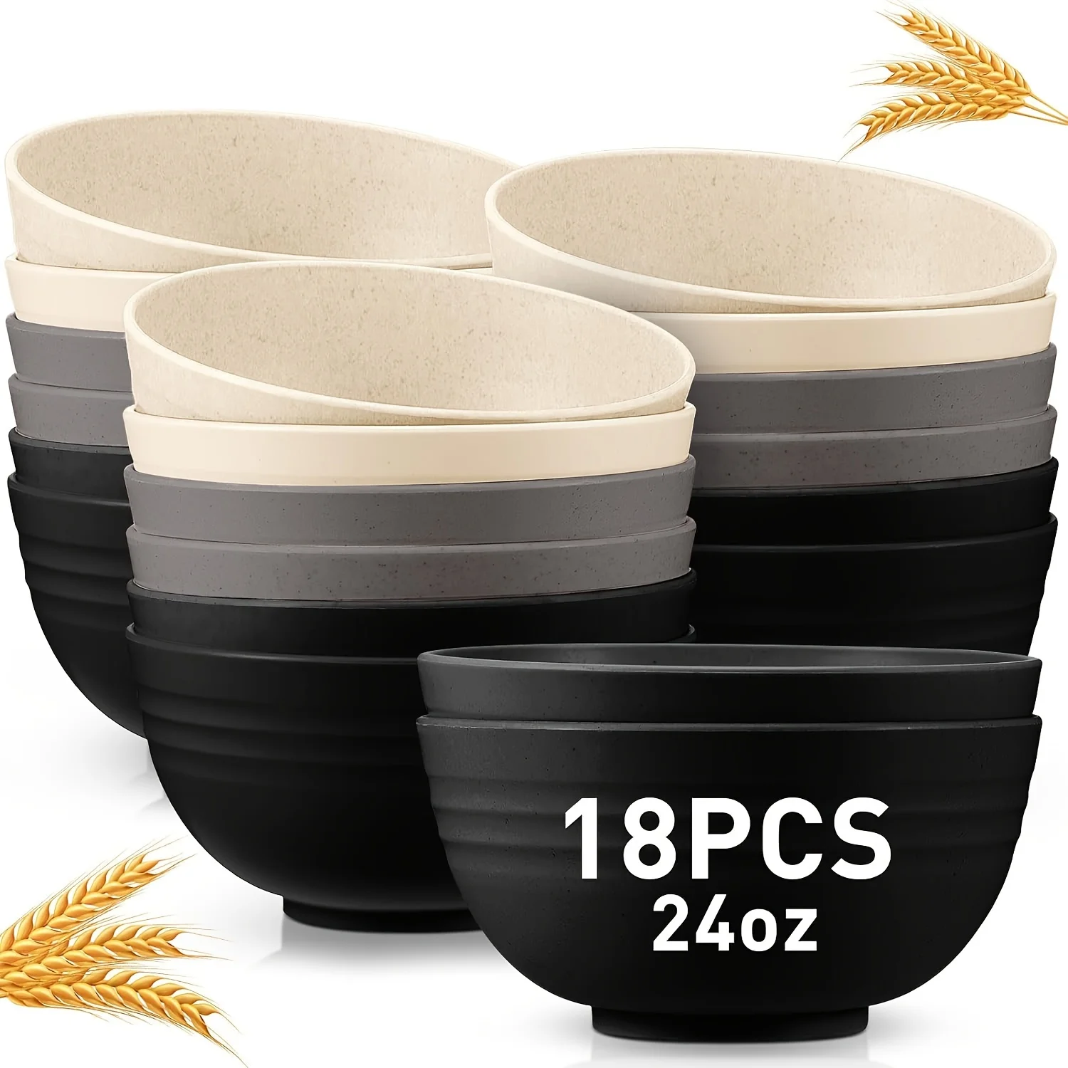 18PCS Colorful Beige Grey Black Wheat Stalk Bowl Round Crushable Lamian Noodles Salad Soup Oat Plastic Tableware Bowl