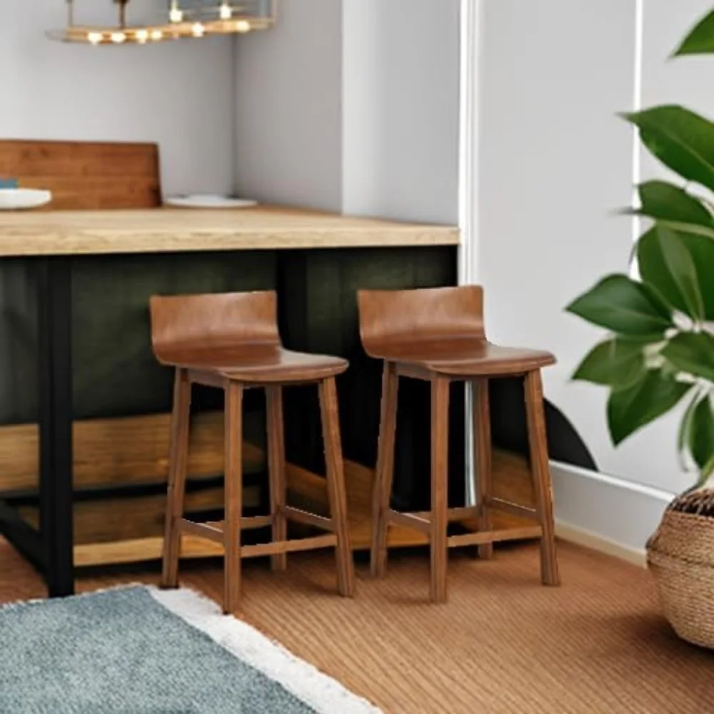 طقم مقاعد بار بارتفاع مضاد على طراز المزرعة مكون من قطعتين مع ظهر منخفض ومسند للقدمين وكراسي طعام خشبية بدون ذراعين #6