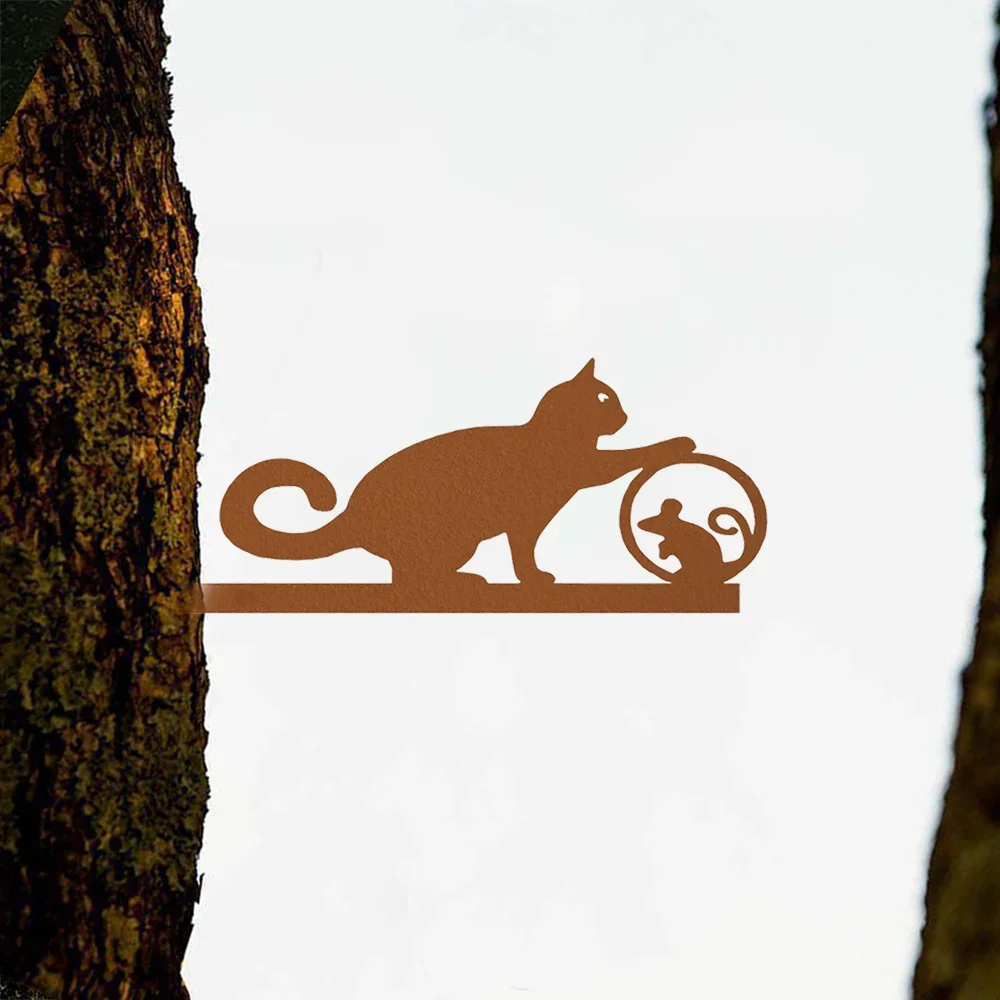 CIFBUY Spring Cat Mouse Iron Wall Art, Steel Silhouette Metal Sculpture, Elevate Garden Party Home Decor Ornament