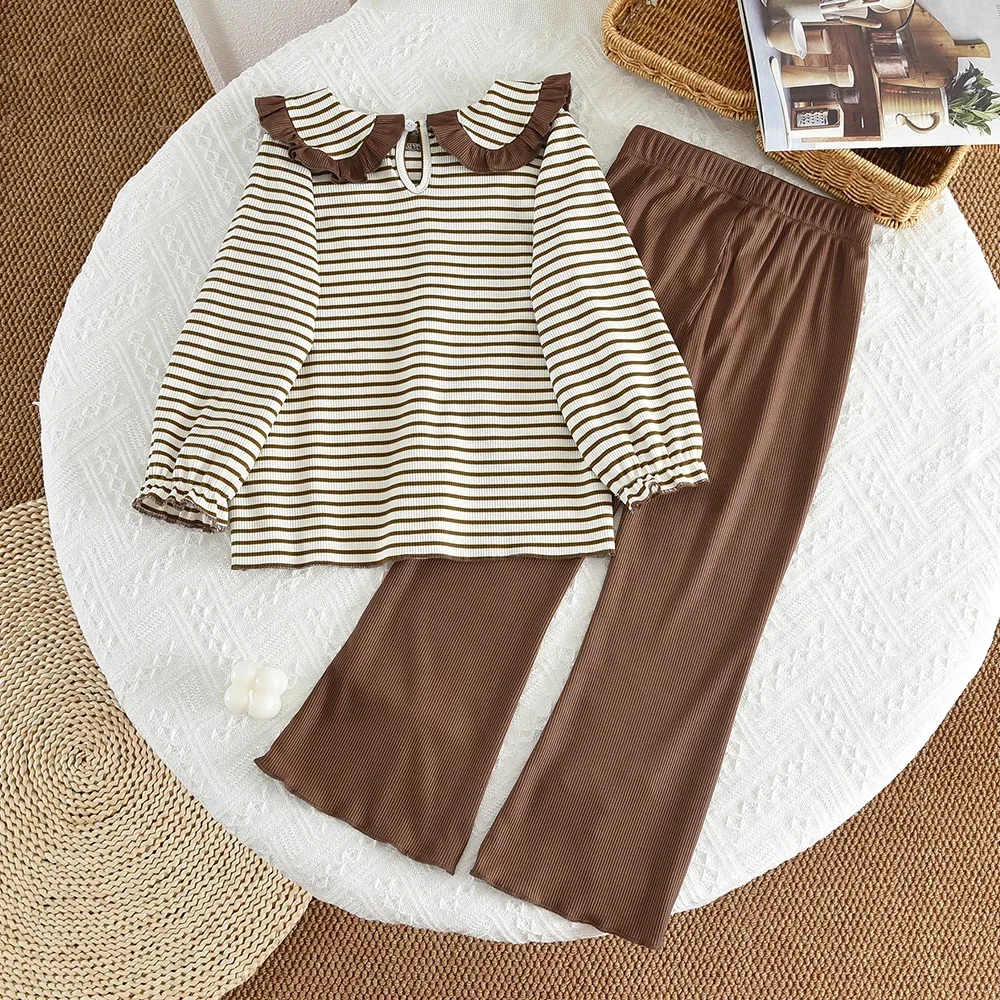 Autumn New Korean Version Casual Girl Clothes Flip-over Striped Long Sleeve Top + Butterfly Tie Pants Two-Piece Set