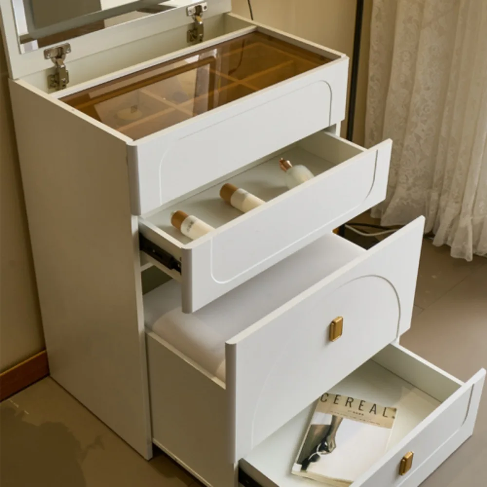 Meja Rias 3 In 1, Set Meja Rias Flip Top dengan Cermin dan 3 Laci, Bangku Empuk & Stopkontak, Meja Rias Kompak, Meja Rias