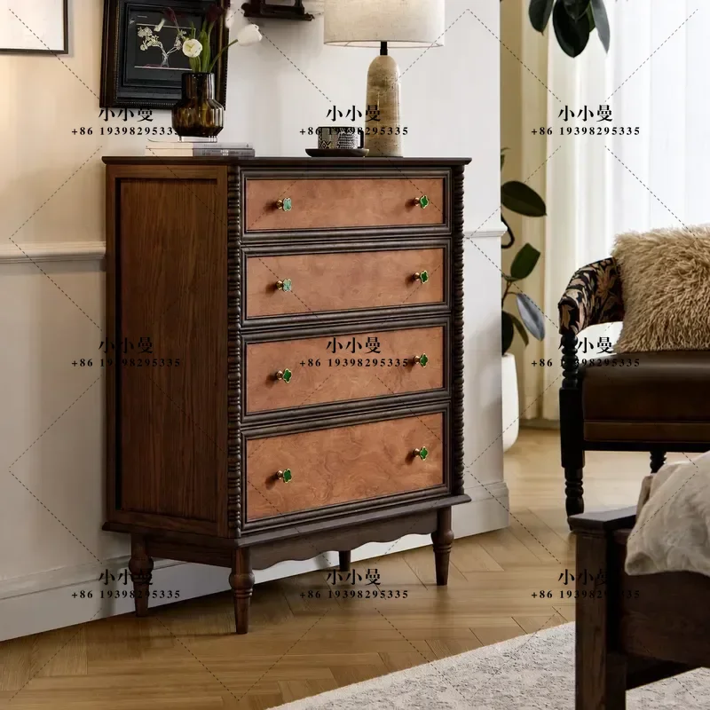 Medieval Style Solid Wood Chest Cabinet with Drawers for Living Room Bedroom Bed End Storage Side Cabinet Against Wall
