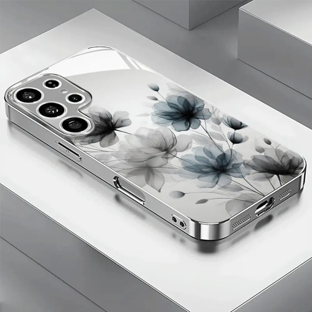 Hard Glass Flowers Tempered Glass Phone Case For Samsung GalaxyS26 S25 S24 S23  S22 S21 FE Plus Ultra Lens protector Cases Cover