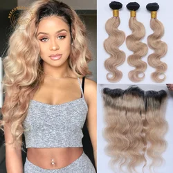 1B 27 Ombre  Honey Blonde Human Hair Bundle with Lace Frontal Remy Ash Blonde Highlight 3 Bundles with Closure