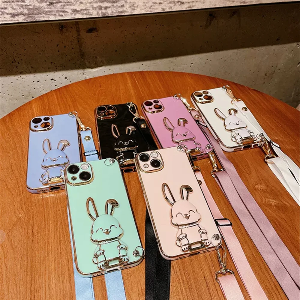 Rabbit Holder Plating Phone Bracket Case For Samsung Galaxy A51 A71 A31 A21S A31 A11 A10 A20 A30 Crossbody Lanyard Strap Cover