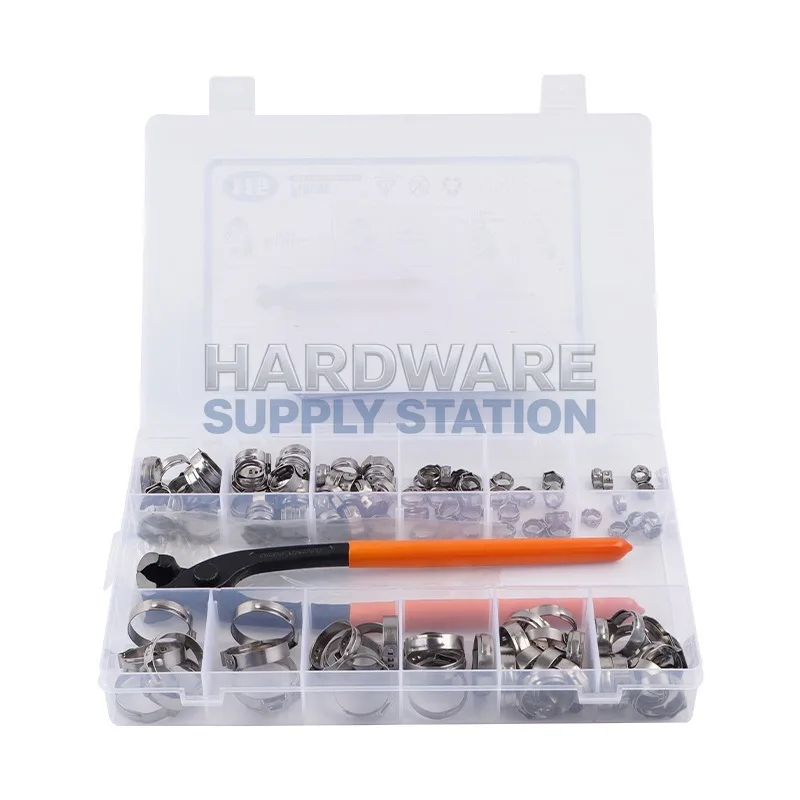 

115PCS boxed clamp set, 304 stainless steel single ear infinite throat clamp, equipped with clamp pliers installation tool