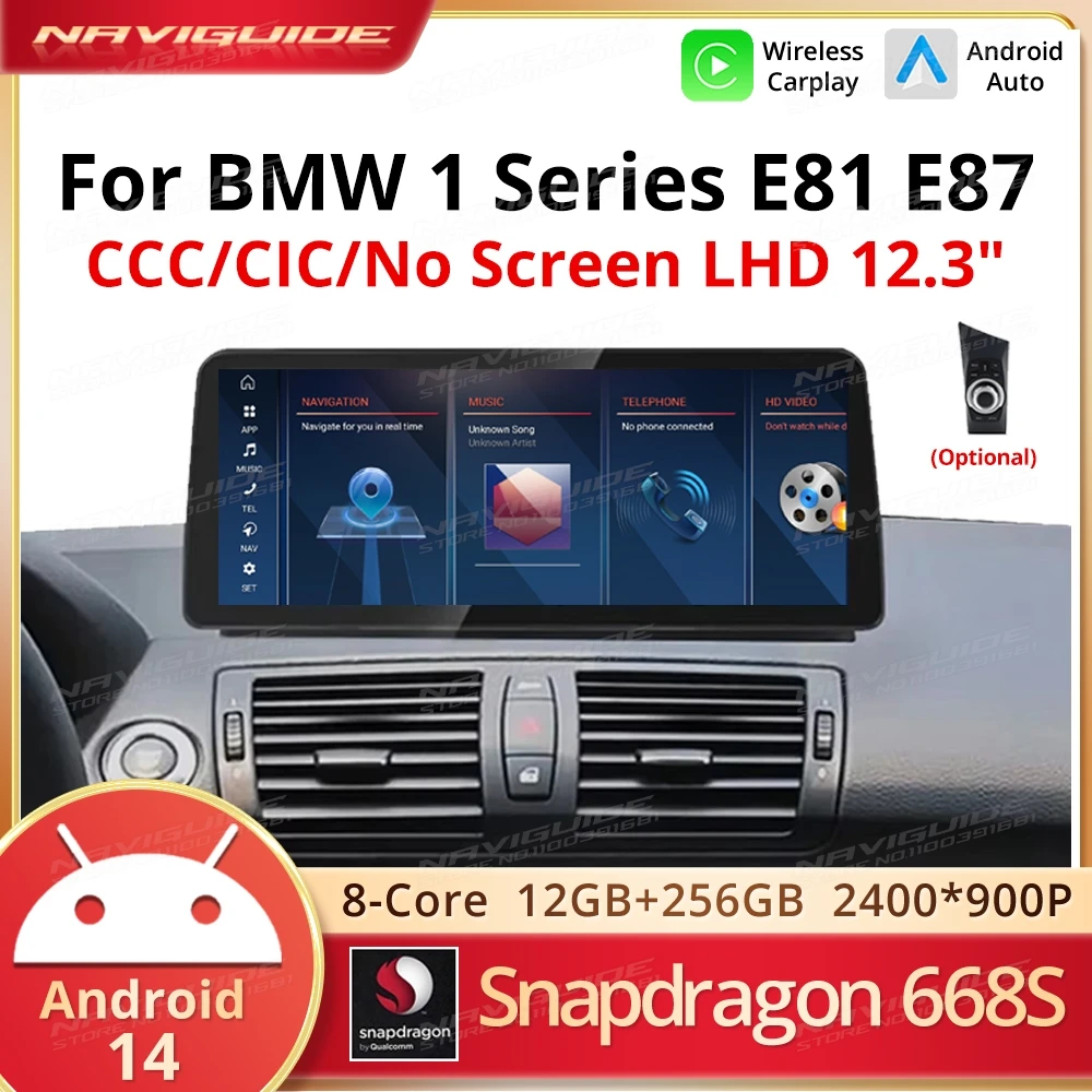 

Автомобильный радиоприемник NAVIGUIDE 12,3 дюйма, Android 14, для BMW 1 серии E81 E82 E87 E88 2004-2012, беспроводной мультимедийный плеер Carplay Android Auto