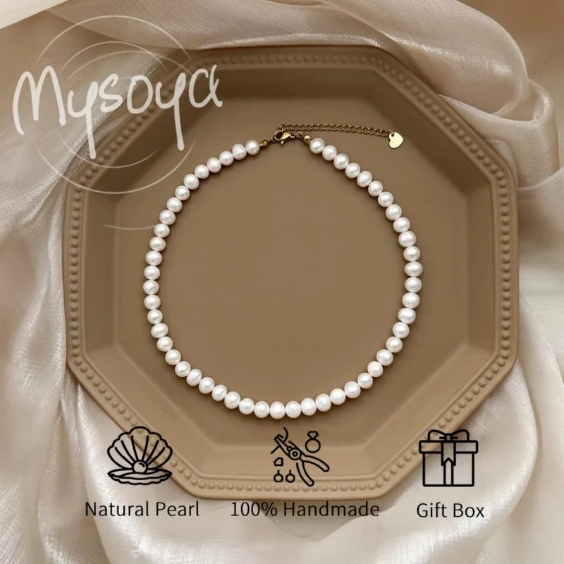 

MYSOYA White Freshwater Pearl Necklace 7-8mm With Gift Box, For Her/Him, Birthday/Wedding/Christmas/New Year Gift