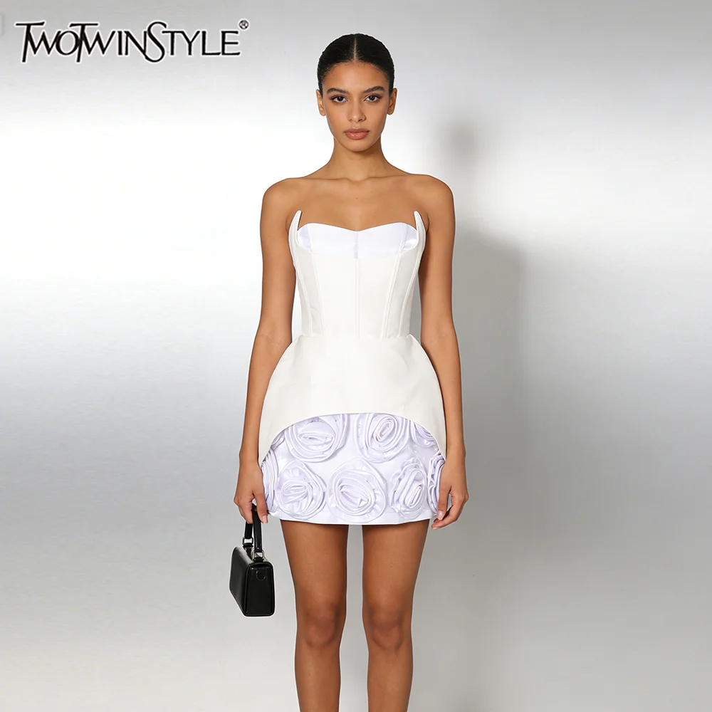 

TWOTWINSTYLE Hit Color Slimming Spliced 3D Flower Fashion Dresses for Women Strapless Sleeveless High Waist Mini Dress Female