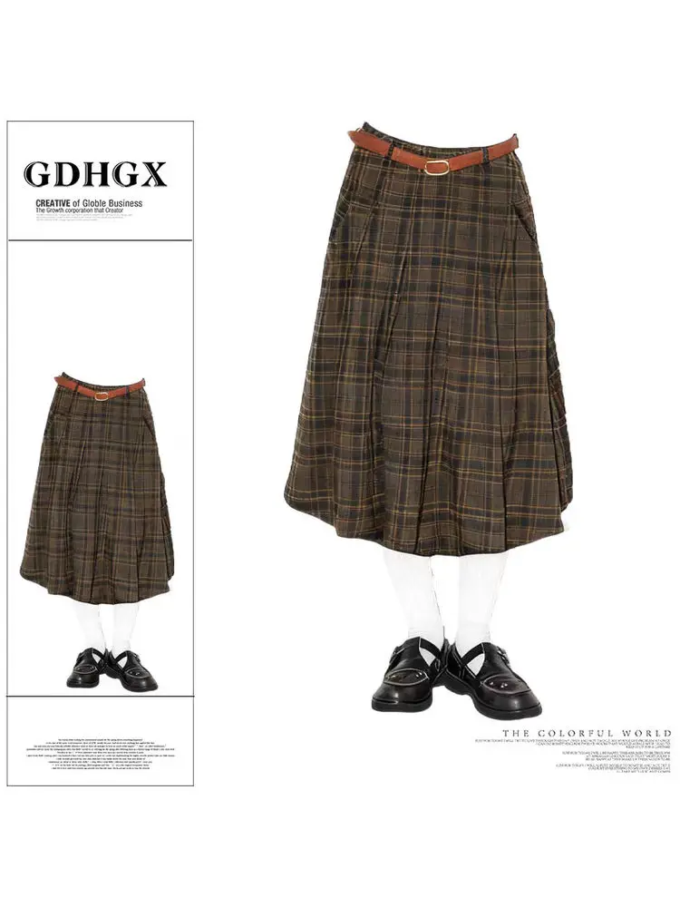 

Ретро-юбка миди в американском стиле, коричневая в клетку, с низкой талией, женская, осенне-зимняя, новая, стройнящая, универсальная, А-силуэт, фасон «блюмэр»