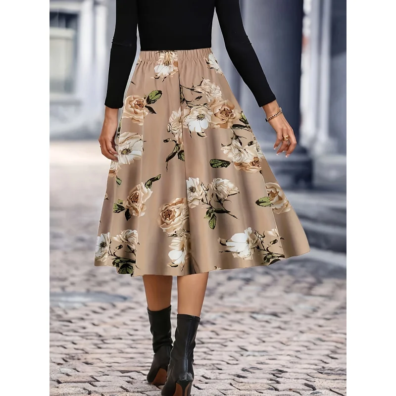 Print Midi Skirt for Women - Beige with White and Brown Flowers, Polyester Blend, Machine Washable, All-Season Elegance