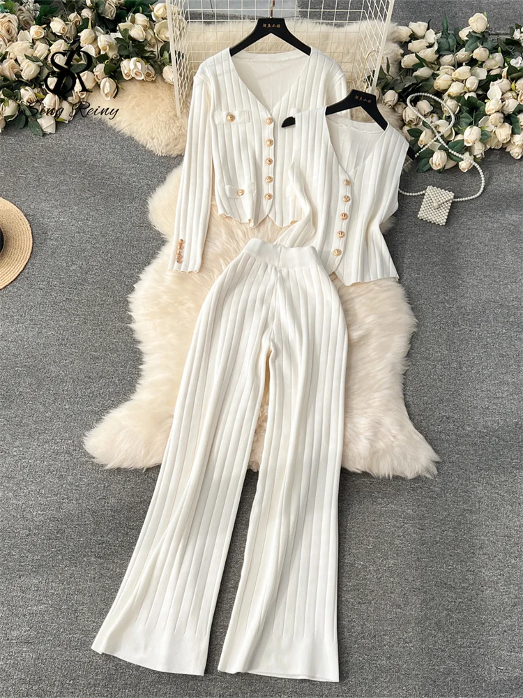 SINGREINY Senior Knitted Suits Fashion Metal Button Vest+V Neck Long Sleeves Cardigans+Wide Legs Pants Stripe Three Pieces Sets