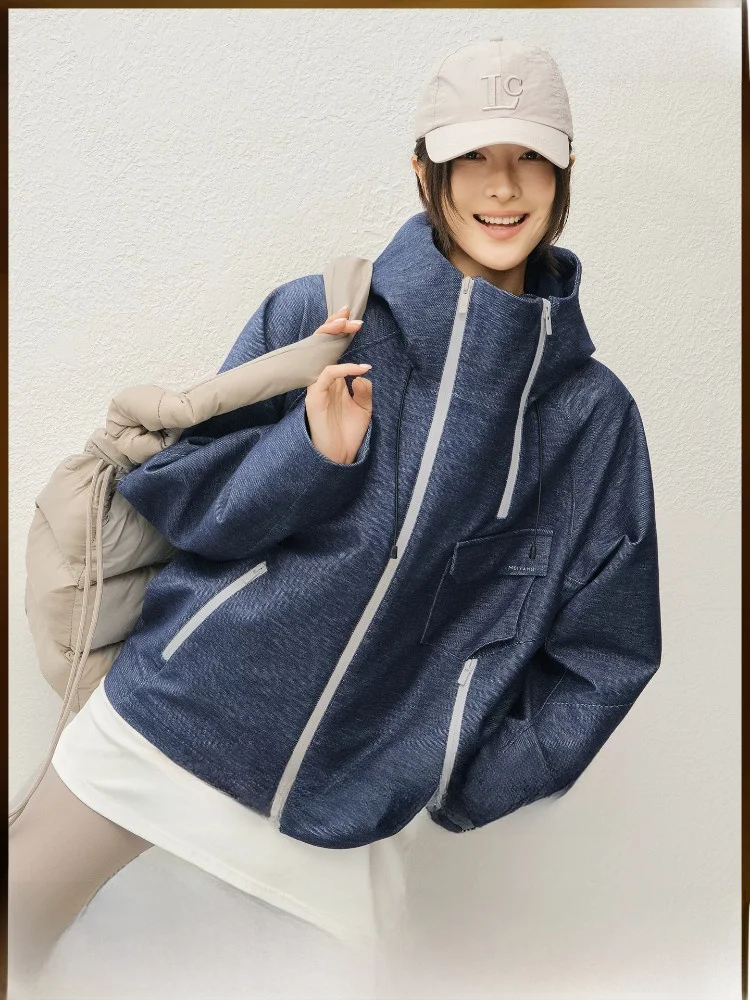 

MeiYang Blue Mountain Outdoor Casual Asymmetric Color Block Hooded Jacket Women's Fashion Polyester Fiber Long Sleeve Zipper