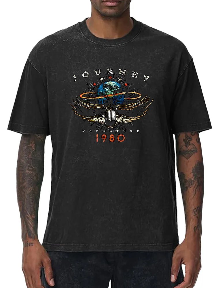 

Journey Oversized Washed Graphic T-Shirt 100% Cotton Streetwear Tee for Men Vintage Hip Hop Loose Fit Tops