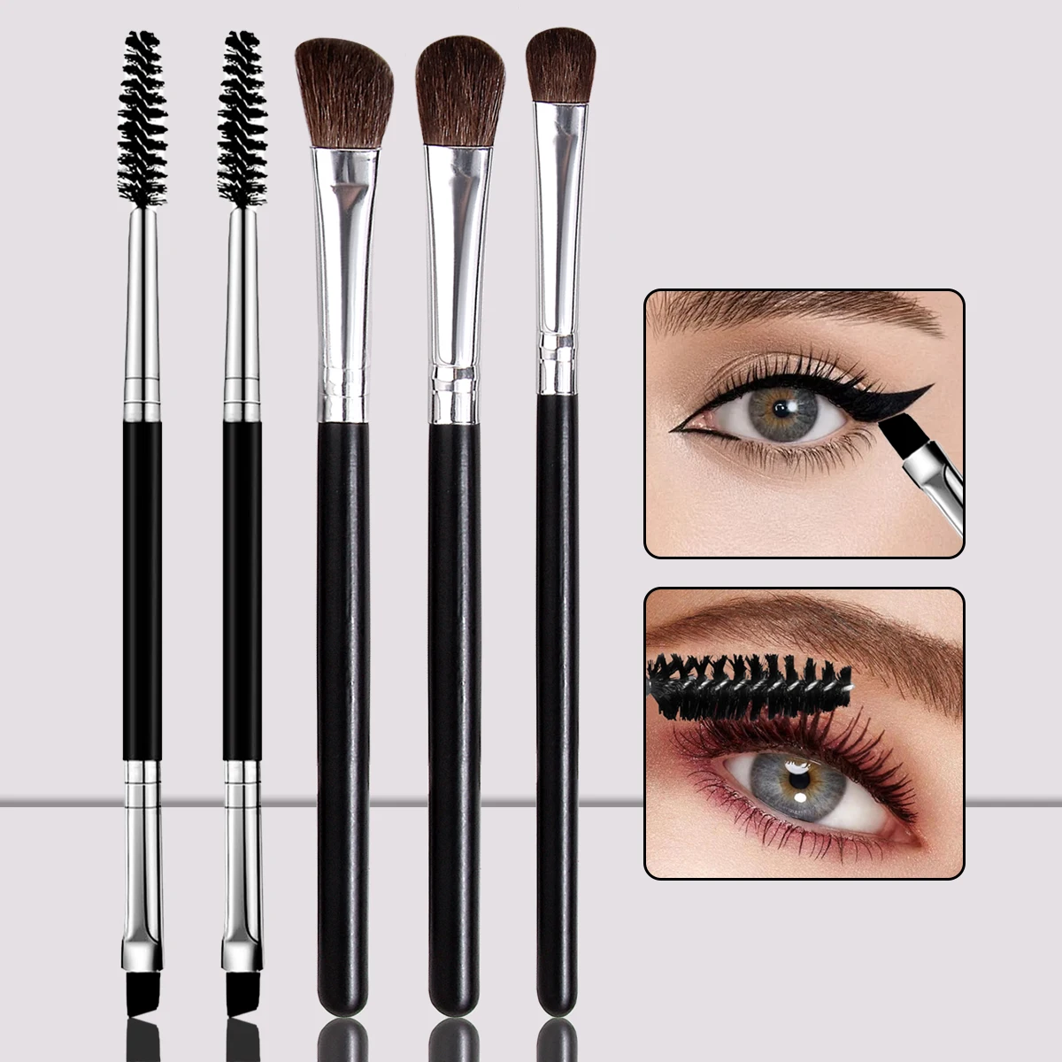 مجموعة فرش مكياج للعين ذات شعيرات ناعمة مكونة من 5 قطع، فرشاة ظلال عيون احترافية، فرشاة حواجب برأسين، فرشاة رموش، محمولة
