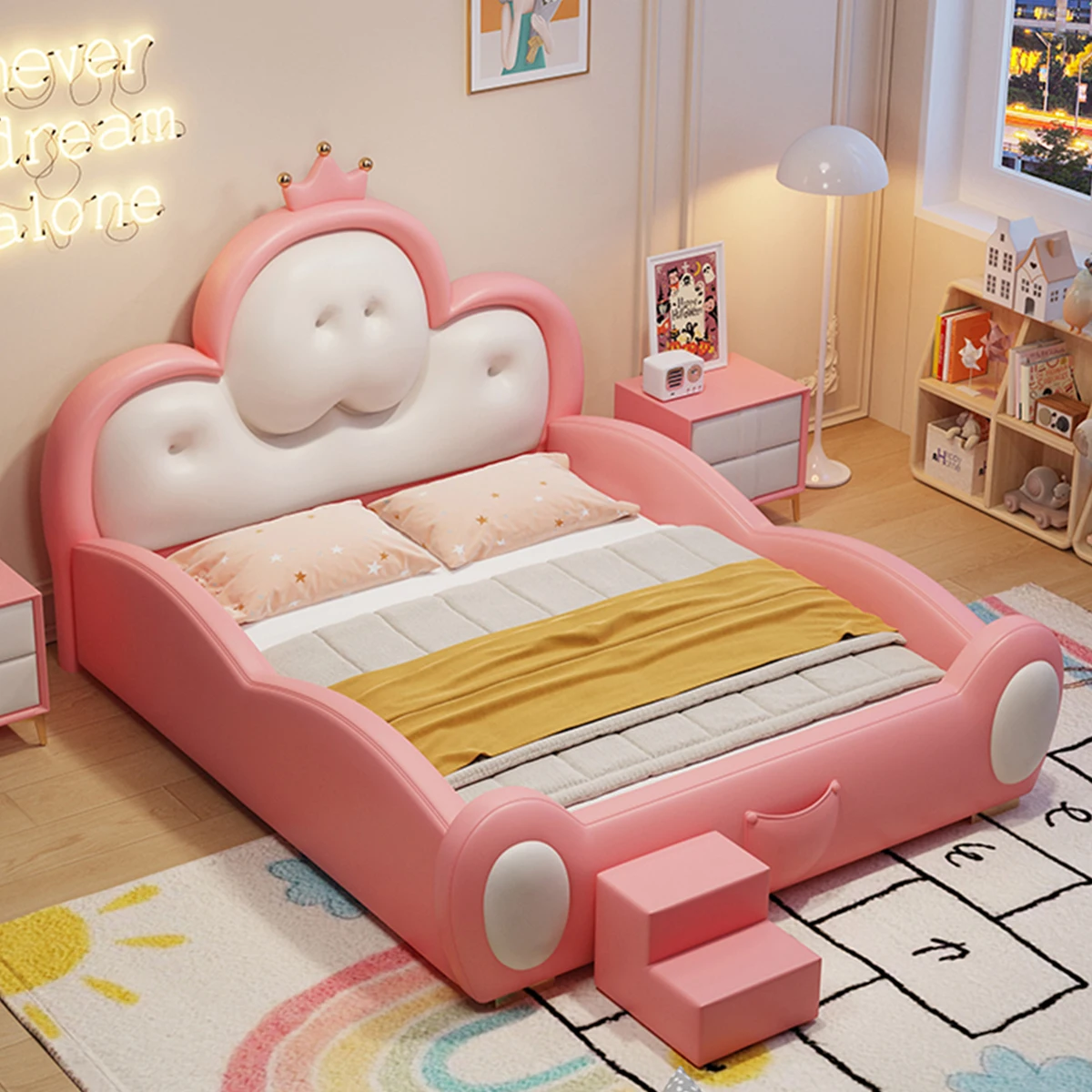 #For Pink Princess Kids Bed with Storage Modern Padded Leather Bed Safety Wooden Kids Bed with Guardrail