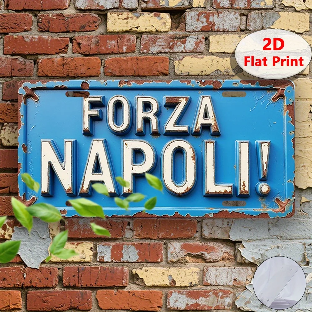 Impressão 2D, 1 unidade, Placa de Metal Vintage, Placa Decorativa e Estátuas (30x15cm), Forza Napoli! Placa, Itália, Decoração de Metal Retrô